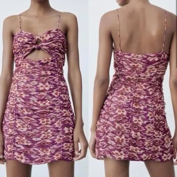 Zara Dresses & Skirts - Zara Multicolor Purple Ruched Cutout Metallic Mini Dress Womens Size Small Party